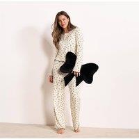 OHS Women's Bows Print Lettuce Edge Jersey Ultra Soft Pyjama Set Nightwear in Cream | Size: S/M