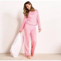 OHS Women's Bows Print Lettuce Edge Jersey Ultra Soft Pyjama Set Nightwear in Pink | Size: S/M