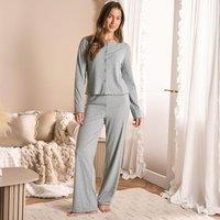 OHS Women's Ribbed Lettuce Edge Jersey Ultra Soft Pyjama Set Nightwear in Grey | Size: S/M
