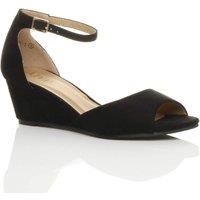 AJVANI Women's Mid Wedge Heel Ankle Strap Faux Suede Sandals in Black | Size: 6