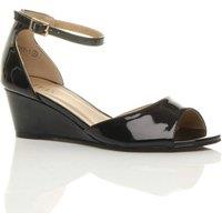 AJVANI Women's Mid Wedge Heel Ankle Strap Patent Sandals in Black | Size: 6