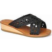 Down To Earth Women's Woven Leather Cross Strap Wedge Sandal in Jet Black | Size: 6