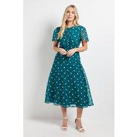 Wallis Women's Petite Polka Dot Burn Out Ruched Midi Dress in Green | Size: 10