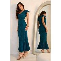 Gini London Women's Teal Jersey Lace V Neck Ruffle Maxi Dress | Size: 10