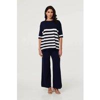 Izabel London Women's Knit Texture Relaxed Top & Trousers Set in Navy | Size: S/M