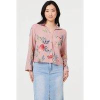 Izabel London Women's Floral 3/4 Turn-Up Sleeve Cropped Shirt in Pink | Size: 10