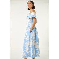 Roman Women's Floral Bardot Premium Stretch Midi Dress in Light Blue | Size: 14