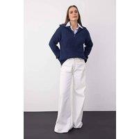 WOVCOR Women's Soft Textured Long Sleeve Zip Neck Knit Sweater in Navy | Size: Small