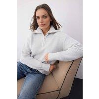 WOVCOR Women's Soft Textured Long Sleeve Zip Neck Knit Sweater in Light Grey | Size: Small