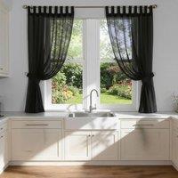 Luxury Living Voile Tab Top Curtain Pair with Crystal Tie Backs Sheer Window Panels in Black | Size: 145 cm width x 122 cm drop