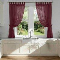 Luxury Living Voile Tab Top Curtain Pair with Crystal Tie Backs Sheer Window Panels in Maroon | Size: 145 cm width x 122 cm drop