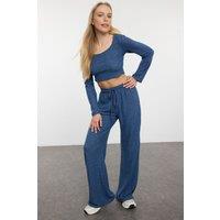 WOVCOR Women's Soft Knit Crop Top & Wide Leg Pant Set in Indigo | Size: Large
