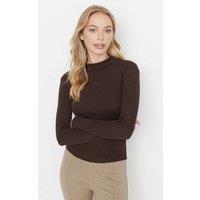 WOVCOR Women's Fitted Stand Collar Long Sleeve Ribbed Knit Blouse in Brown | Size: XS