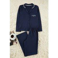 WOVCOR Women's 2-Piece Knit Piping Pocket Detail Long Sleeve Pajama Set in Navy | Size: XS