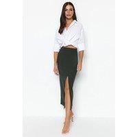 WOVCOR Women's High-Waist Maxi Knit Skirt With Front Slit Detail in Khaki | Size: XS