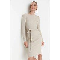 WOVCOR Women's Ribbed Knit Midi Dress with Waist Tie in Stone | Size: Small