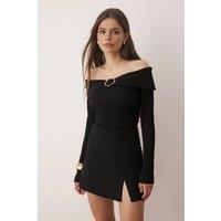 WOVCOR Women's Off-Shoulder Rib Knit Jumper with Gold Ring Detail in Black | Size: Large