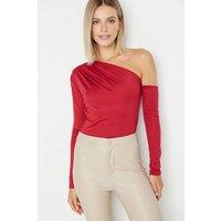 WOVCOR Women's One Shoulder Asymmetric Long Sleeve Bodysuit in Burgundy | Size: XS