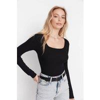 WOVCOR Women's Square Neck Ribbed Long Sleeve Bodysuit in Black | Size: Large