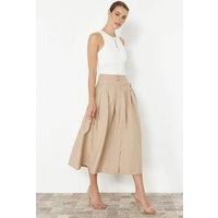 WOVCOR Women's High Waist Pleated Midi Skirt with Button Detail in Beige | Size: 12