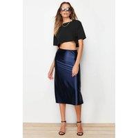 WOVCOR Women's Satin Finish A-Line Midi Skirt in Navy | Size: XS