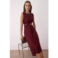 WOVCOR Women's Belt-Detailed Woven Midi Dress in Burgundy | Size: 8