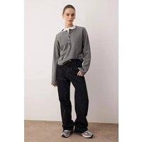 WOVCOR Women's Half Placket Thick Knit Blouse with Button Detail in Dark Grey | Size: XS