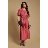 Oasis Women's Petite Shirred Bodice Puff Sleeve Midi Dress in Brick | Size: 14