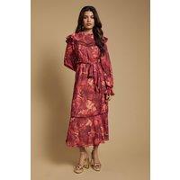Oasis Women's Petite Printed Dobby Chiffon Belted Waist Midi Dress in Burgundy | Size: 12