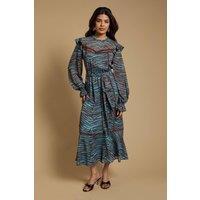 Oasis Women's Petite Printed Dobby Chiffon Belted Waist Midi Dress in Duck Egg | Size: 8