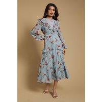 Oasis Women's Petite Chiffon Printed Lace Trim Detail Ruffle Midi Dress in Blue | Size: 10