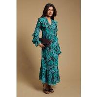 Oasis Women's Petite Long Sleeve Ruffle Chiffon Tiered Maxi Dress in Blue | Size: 8