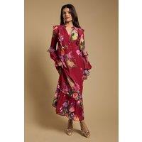 Oasis Women's Petite Long Sleeve Ruffle Chiffon Tiered Maxi Dress in Red | Size: 12