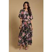 Oasis Women's Petite Shirred Bodice Puff Sleeve Tiered Midi Dress in Black | Size: 8