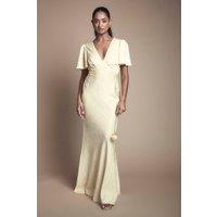 Oasis Women's Angel Sleeve Satin Jacquard Bridesmaid Maxi Dress in Butter | Size: 10