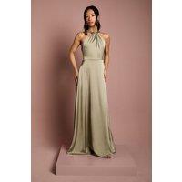 Coast Women's Honoured Twist Halterneck Satin Maxi Bridesmaid Dress in Olive | Size: 14