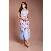 Coast Women's Printed Pleat Skirt Midi Dress With Lace Trim in Blue | Size: 10