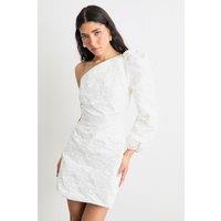 Warehouse Women's Hen Jacquard Puff Sleeve One Shoulder Mini Dress in Ivory | Size: 14