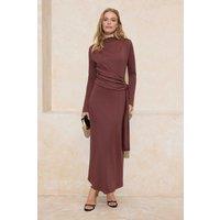 WOVCOR Women's Ruched Tie Waist Long Sleeve Maxi Dress in Brown | Size: Large