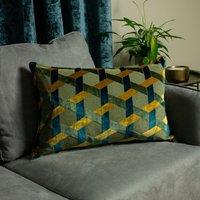 Paoletti Delano Geometric Velvet Cushion in Teal | Size: 40 cm x 60 cm
