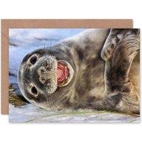 Artery8 Happy Seal Laying on Snow Cute Animal Photograph Greeting Card