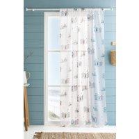 Fusion 'Beach Huts' Coastal Themed Voile Panel in Blue | Size: 140 cm width x 122 cm drop