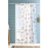 Fusion 'Beach Huts' Coastal Themed Voile Panel in Blue | Size: 140 cm width x 137 cm drop