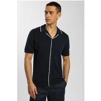 Steel & Jelly Men's Knitted Short Sleeve Shirt With Contrast Tipping in Navy | Size: XL