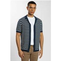 Steel & Jelly Men's Large Stripe Knitted Button Polo Shirt in Navy | Size: Small