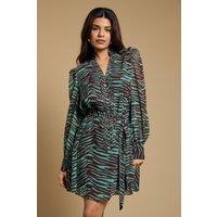 Oasis Women's Petite Printed Chiffon Button Up Belted Waist Mini Dress in Mint | Size: 14