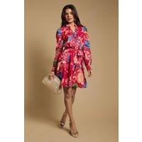Oasis Women's Petite Printed Chiffon Button Up Belted Waist Mini Dress in Red | Size: 10