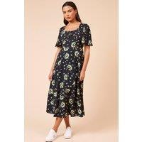 Dorothy Perkins Women's Black Floral Tie Front Angel Sleeve Midi Dress | Size: 10
