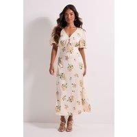 Dorothy Perkins Women's Petite Floral Tie Front Button Down Puff Sleeve Midi Dress | Size: 14