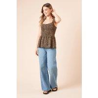 Dorothy Perkins Women's Leopard Tie Shoulder Shirred Bodice Peplum Top | Size: 14
